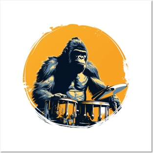 Gorilla playing drums Posters and Art